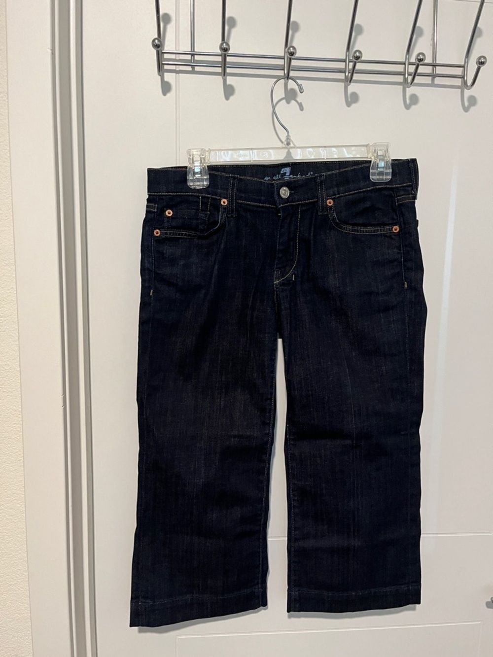 7 For All Mankind Dojo Cropped Blue Denim Distressed Wide Leg Jeans Bohemian